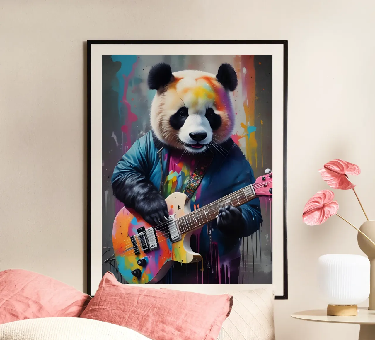 Il panda suona una chitarra colorata carta hahnemühle da MakArena