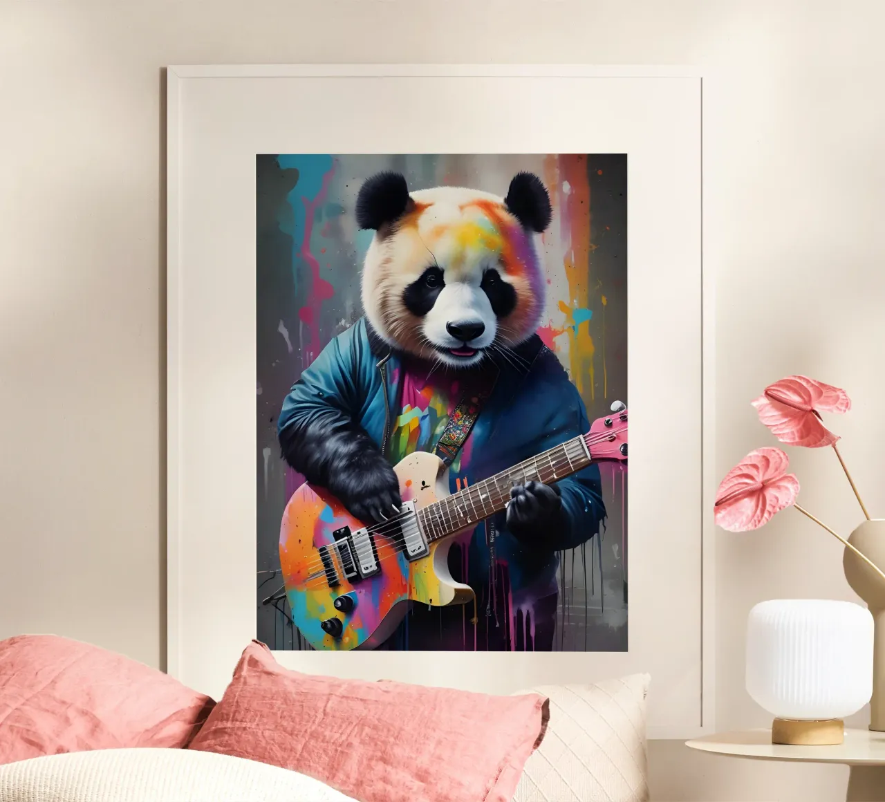 Il panda suona una chitarra colorata carta hahnemühle da MakArena