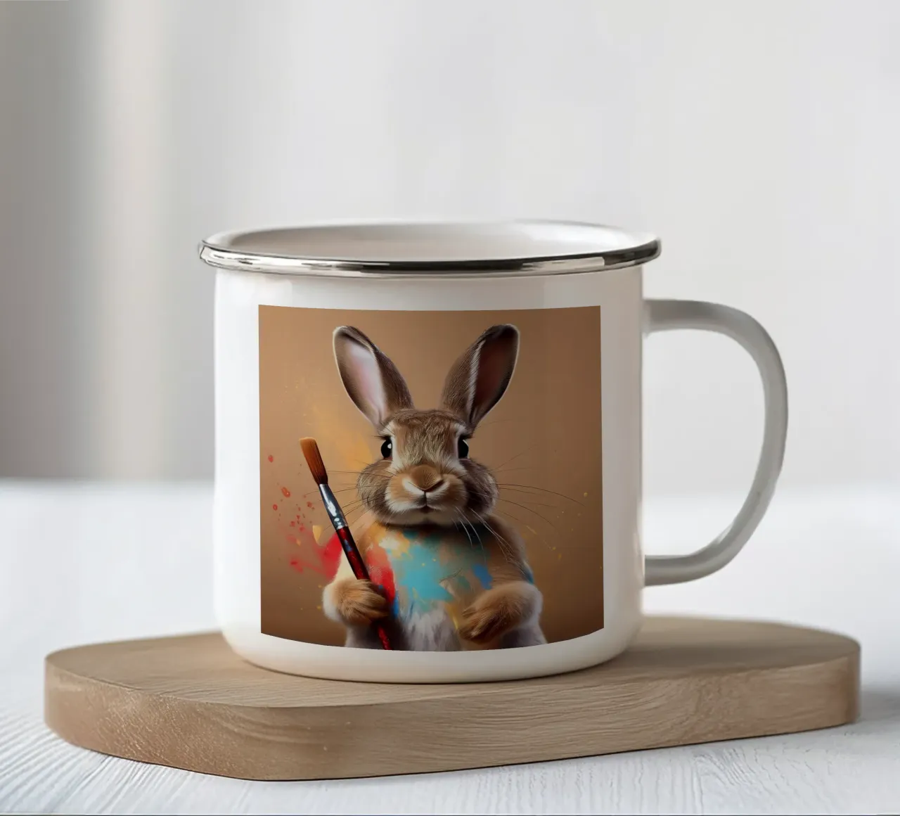 Playful Bunny Painter with Splashes of Color – Bunny Art enamel mug by FlexiDesignsByK