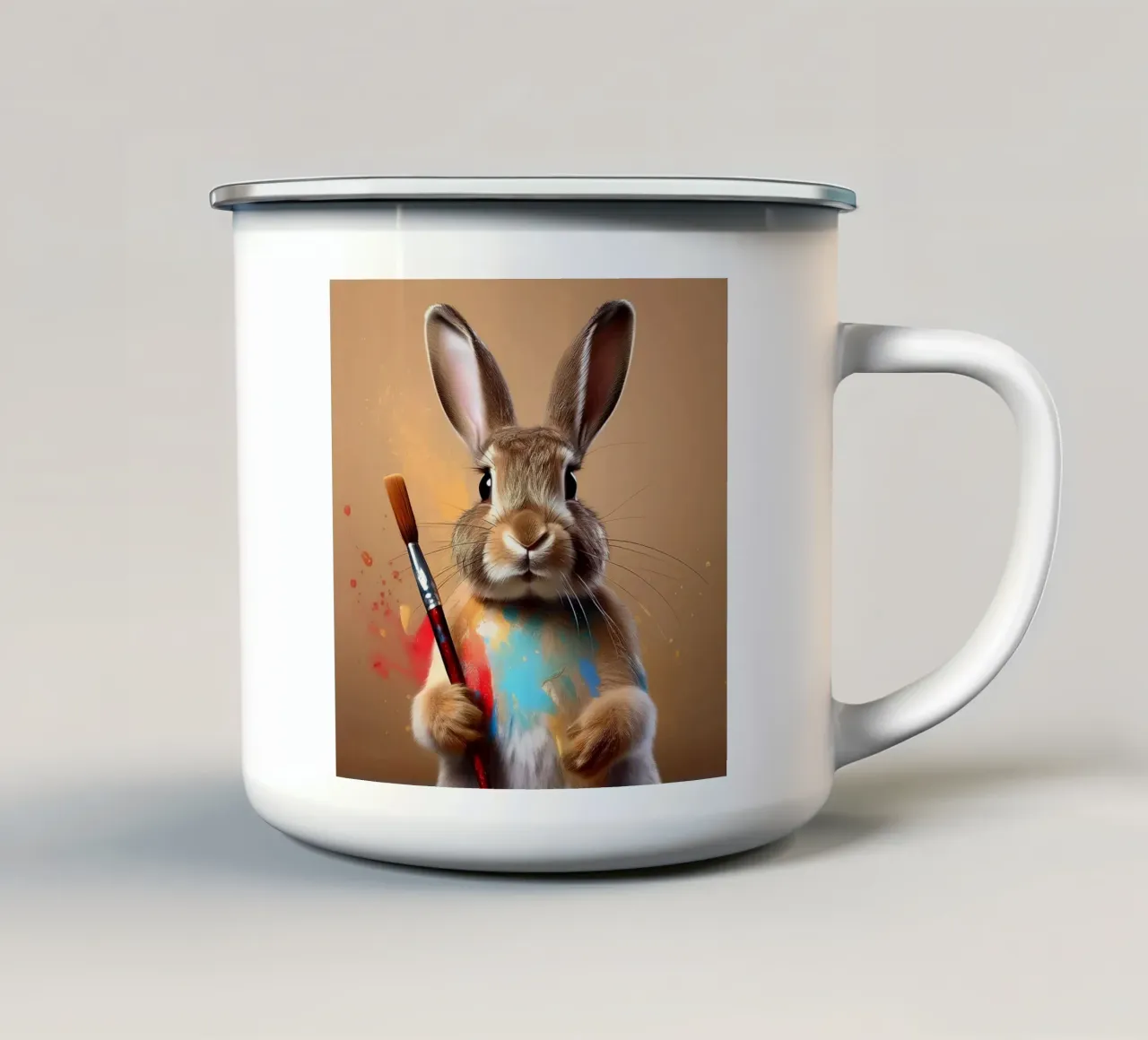 Playful Bunny Painter with Splashes of Color – Bunny Art enamel mug by FlexiDesignsByK