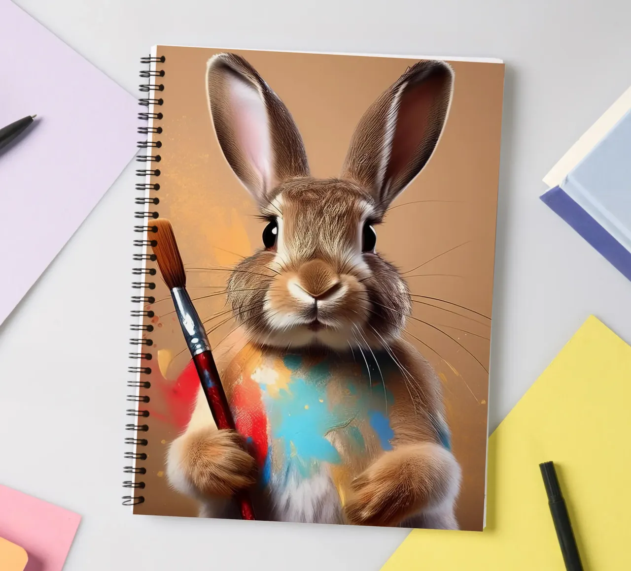 Playful Bunny Painter with Splashes of Color – Bunny Art spiral notebook by FlexiDesignsByK