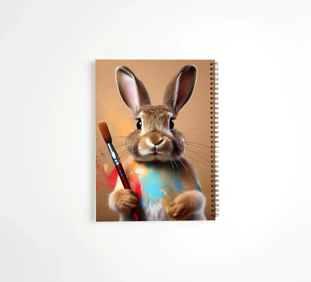 Playful Bunny Painter with Splashes of Color – Bunny Art spiral notebook by FlexiDesignsByK