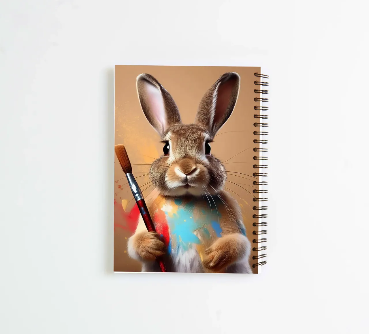 Playful Bunny Painter with Splashes of Color – Bunny Art spiral notebook by FlexiDesignsByK