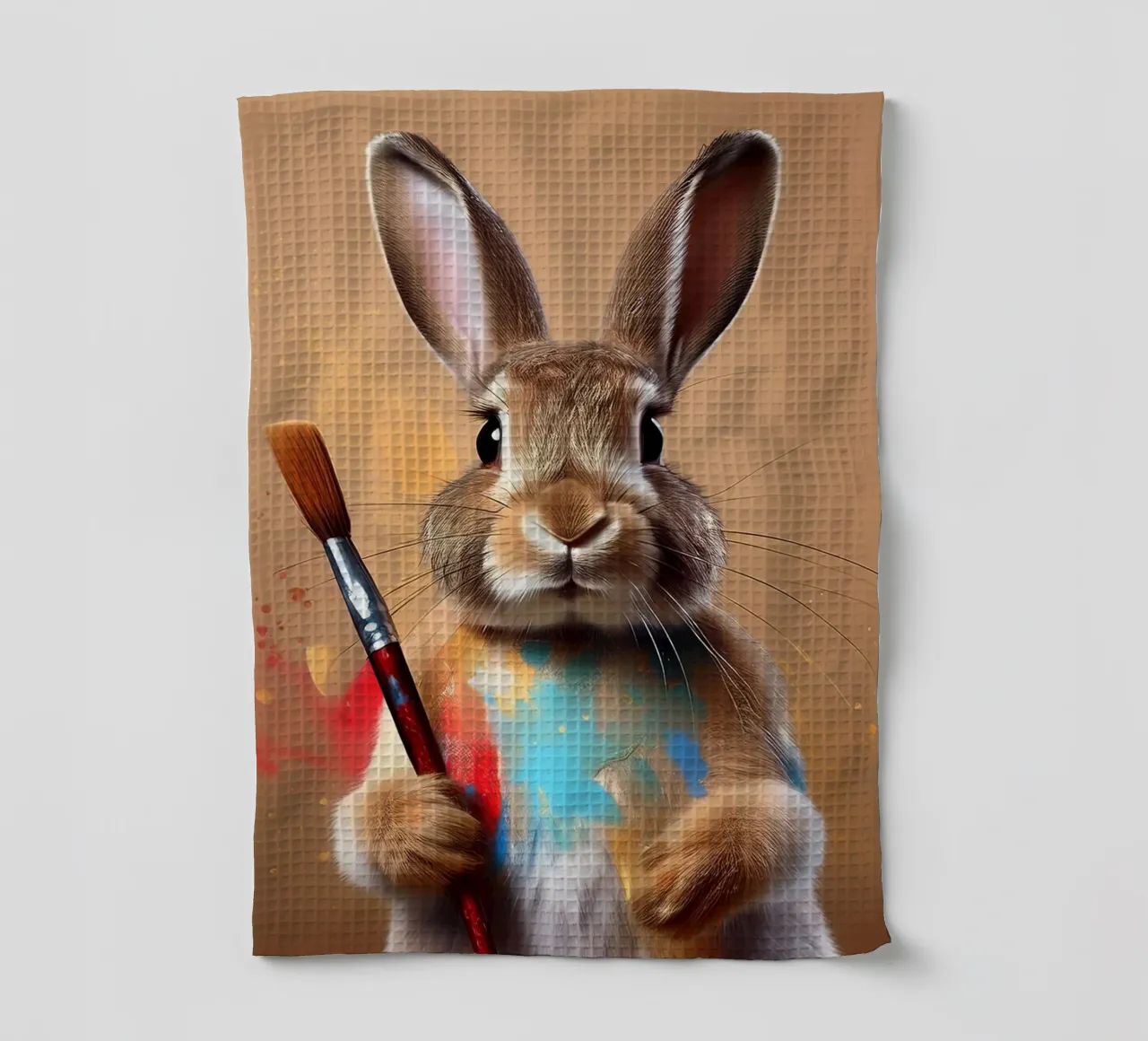 Lapin peintre ludique avec des éclaboussures de couleur - Bunny Art torchon de FlexiDesignsByK