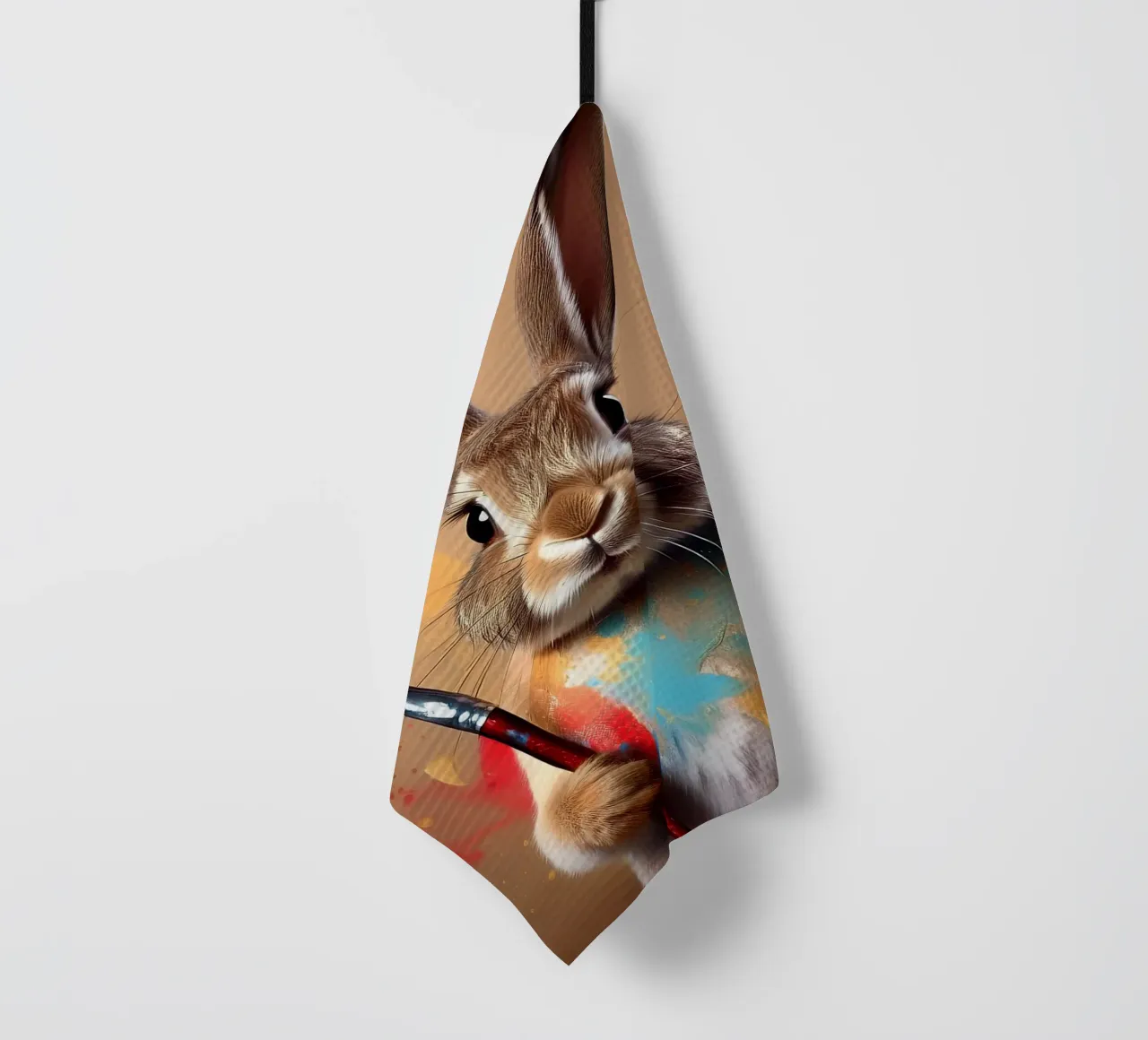 Lapin peintre ludique avec des éclaboussures de couleur - Bunny Art torchon de FlexiDesignsByK