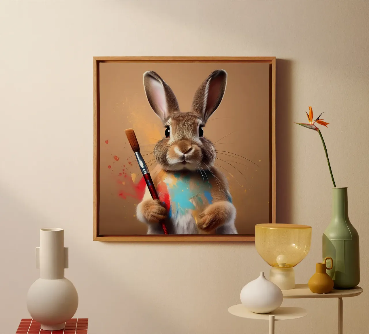 Playful Bunny Painter with Splashes of Color – Bunny Art canvas by FlexiDesignsByK