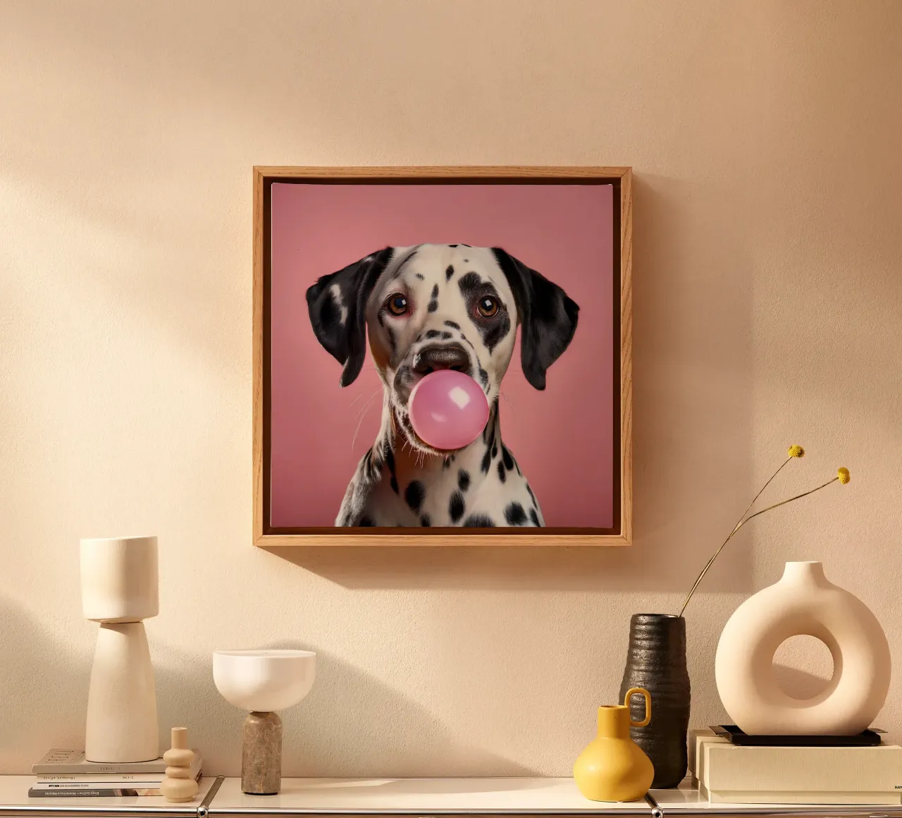 Leuke dalmatiër blaast roze kauwgom - speelse hondenkunst canvas met Baklijst van FlexiDesignsByK