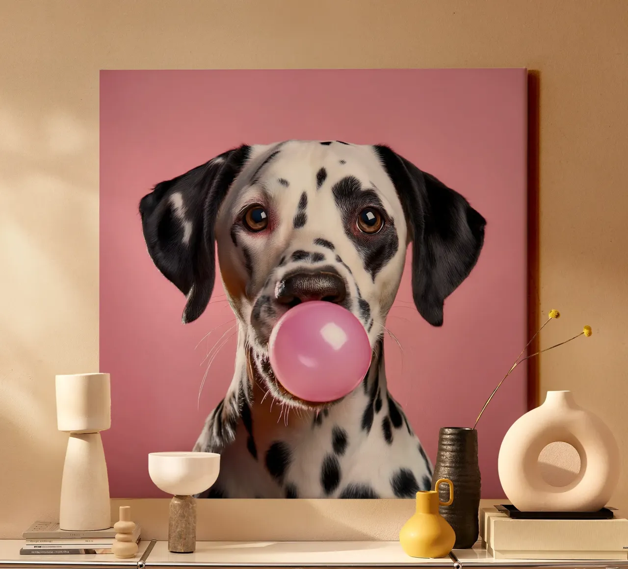 Leuke dalmatiër blaast roze kauwgom - speelse hondenkunst canvas met Baklijst van FlexiDesignsByK