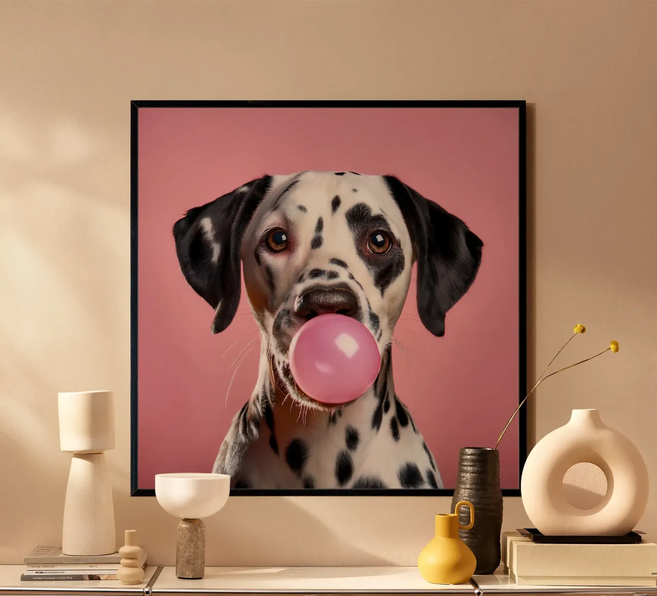 Dalmata divertente che soffia una gomma da masticare rosa - Arte canina giocosa poster da FlexiDesignsByK