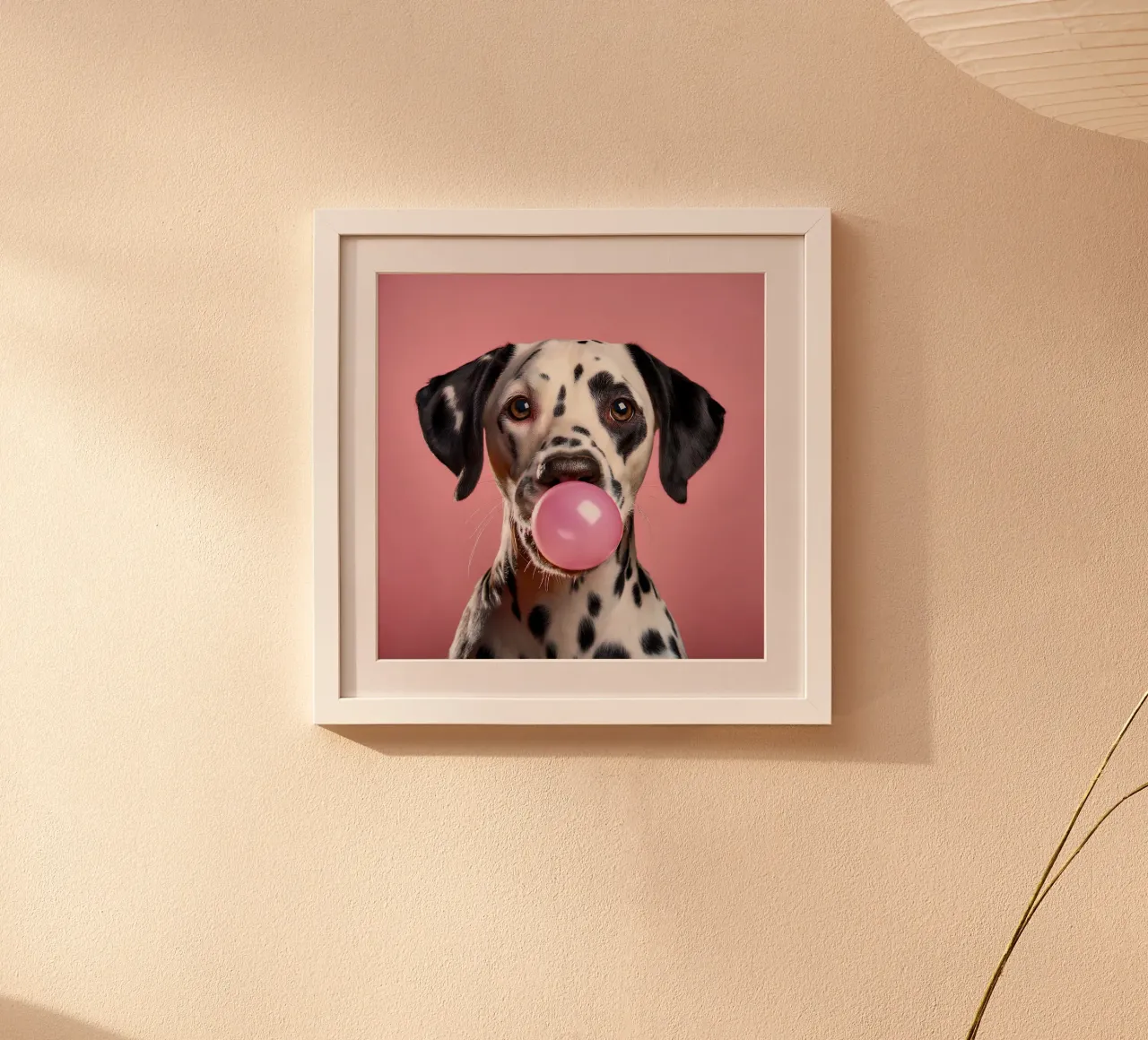Dalmata divertente che soffia una gomma da masticare rosa - Arte canina giocosa poster da FlexiDesignsByK