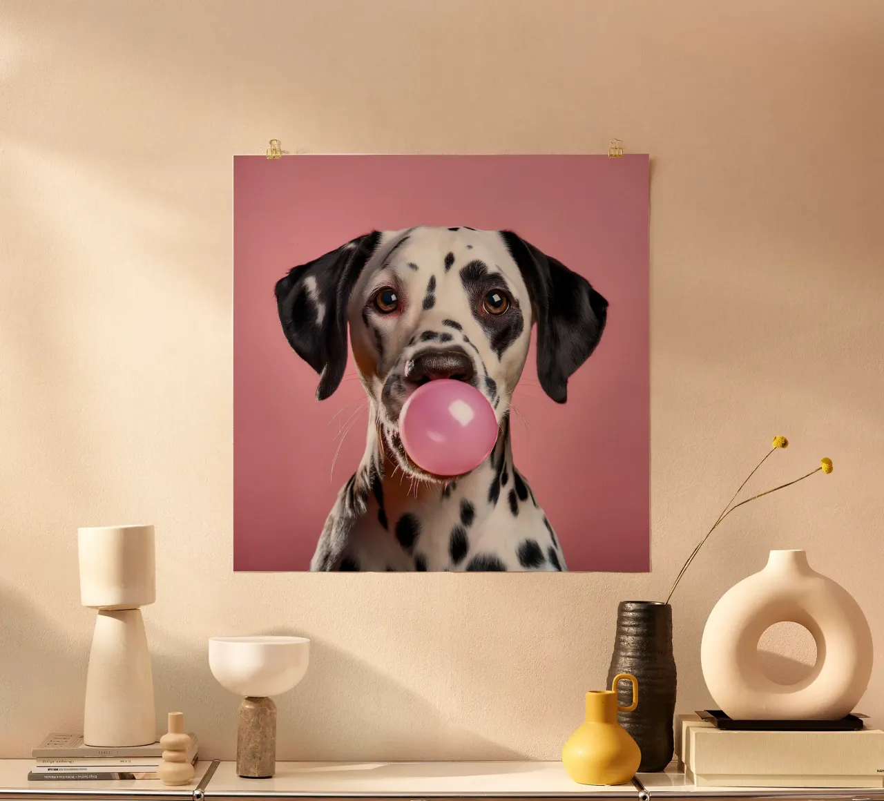 Dalmata divertente che soffia una gomma da masticare rosa - Arte canina giocosa poster da FlexiDesignsByK