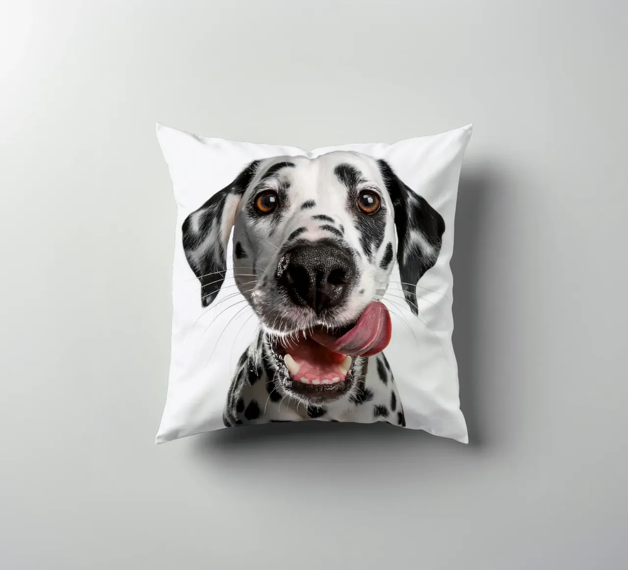 Dalmata felice che si lecca il naso - Ritratto di cane carino cuscino da FlexiDesignsByK
