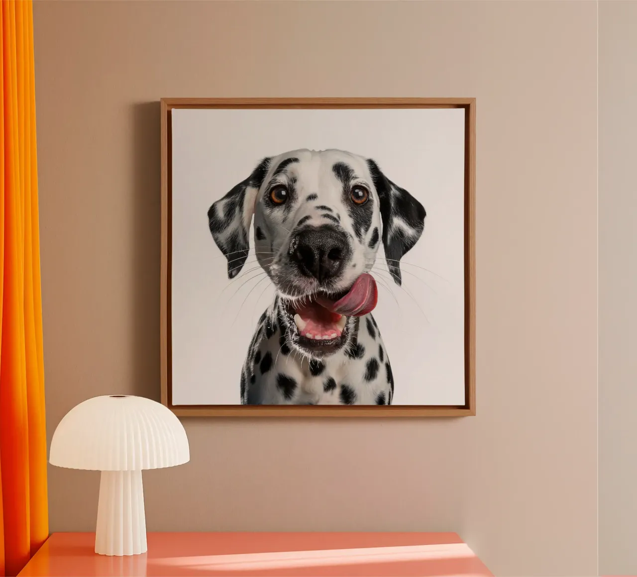 Happy Dalmatian Licking Its Nose – Cute Dog Portrait canvas with Floater frame by FlexiDesignsByK