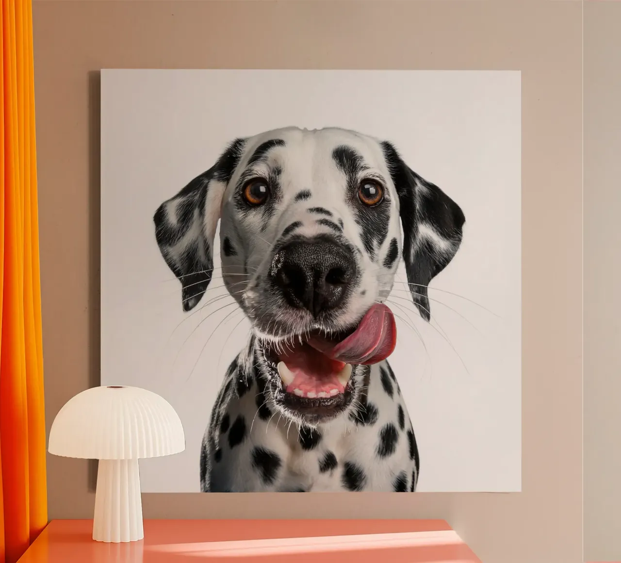 Happy Dalmatian Licking Its Nose – Cute Dog Portrait canvas with Floater frame by FlexiDesignsByK