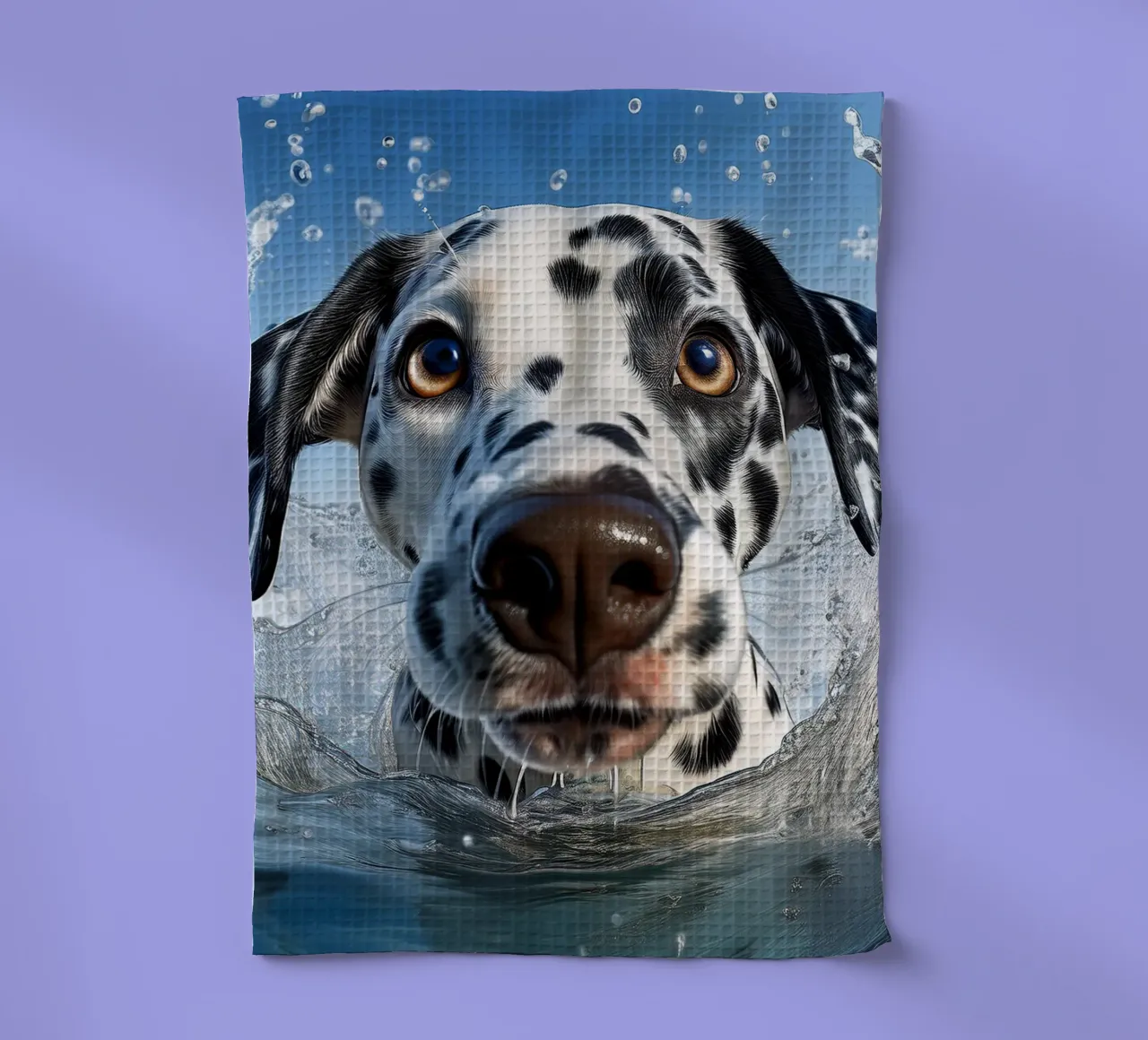 Dalmatien enjoué dans une éclaboussure d'eau - Art canin énergique torchon de FlexiDesignsByK