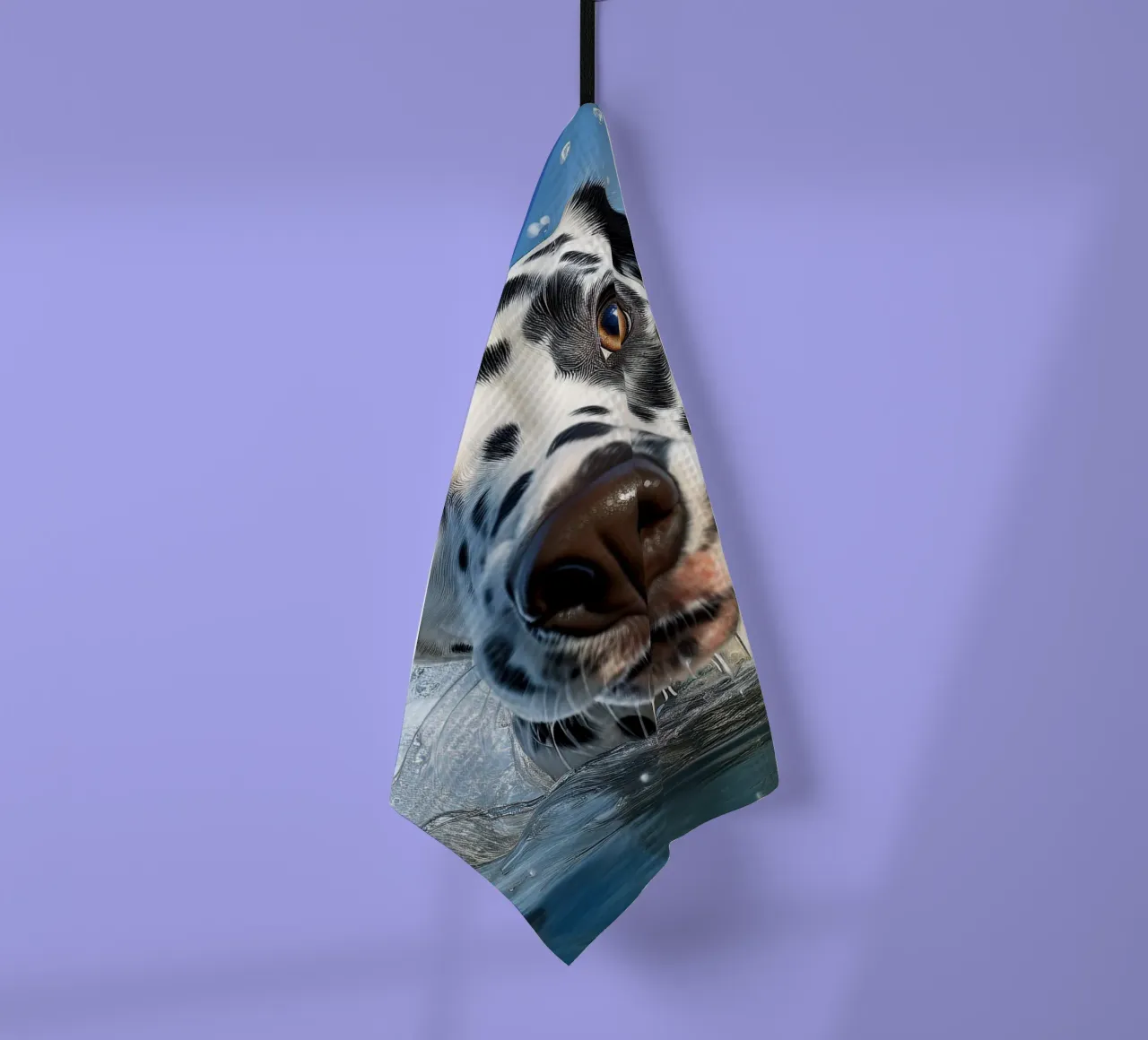 Dalmatien enjoué dans une éclaboussure d'eau - Art canin énergique torchon de FlexiDesignsByK