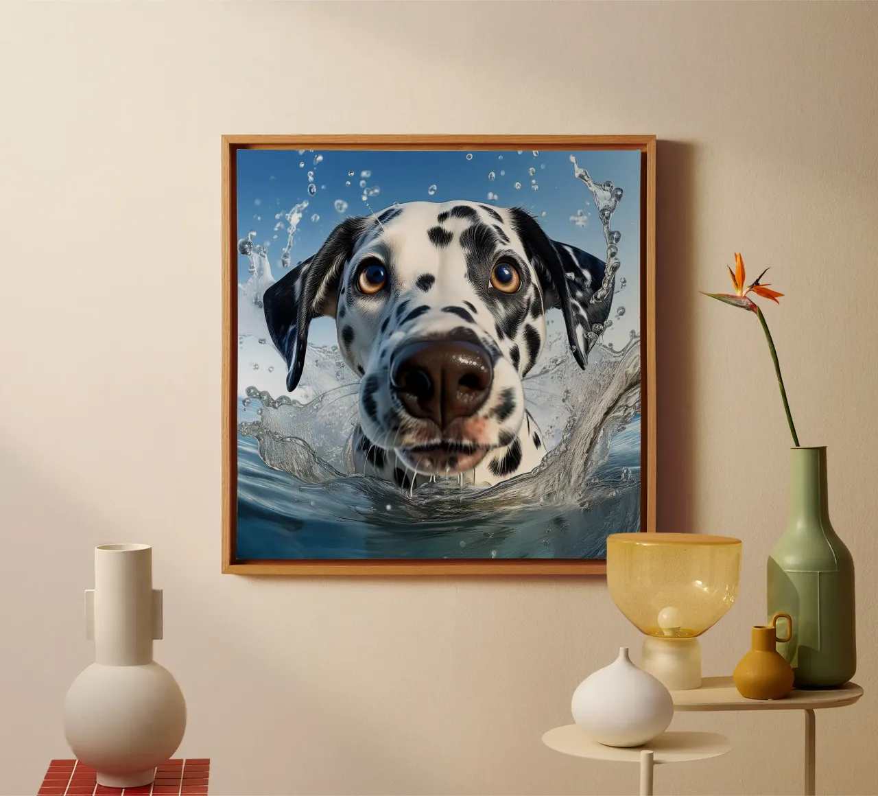 Speelse dalmatiër in waterspetters - Energieke hondenkunst canvas met Baklijst van FlexiDesignsByK