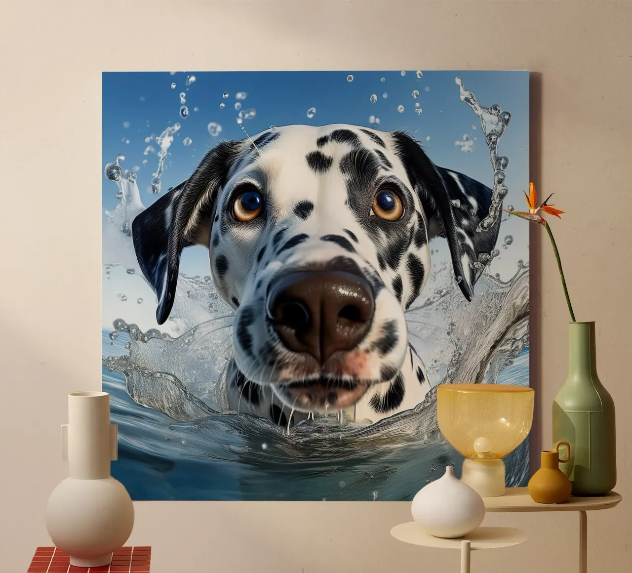 Speelse dalmatiër in waterspetters - Energieke hondenkunst canvas met Baklijst van FlexiDesignsByK