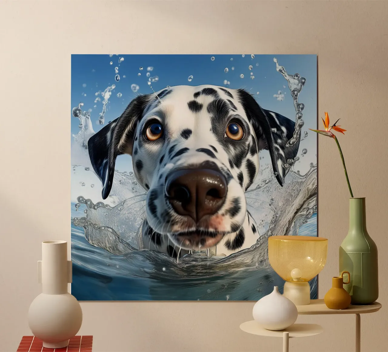 Playful Dalmatian in Water Splash – Energetic Dog Art poster by FlexiDesignsByK