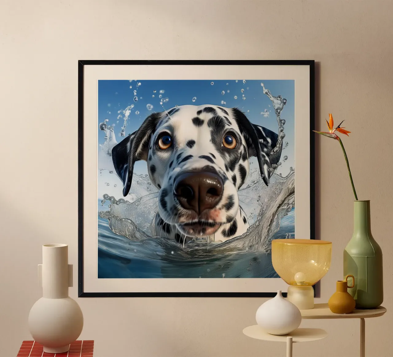 Playful Dalmatian in Water Splash – Energetic Dog Art poster by FlexiDesignsByK