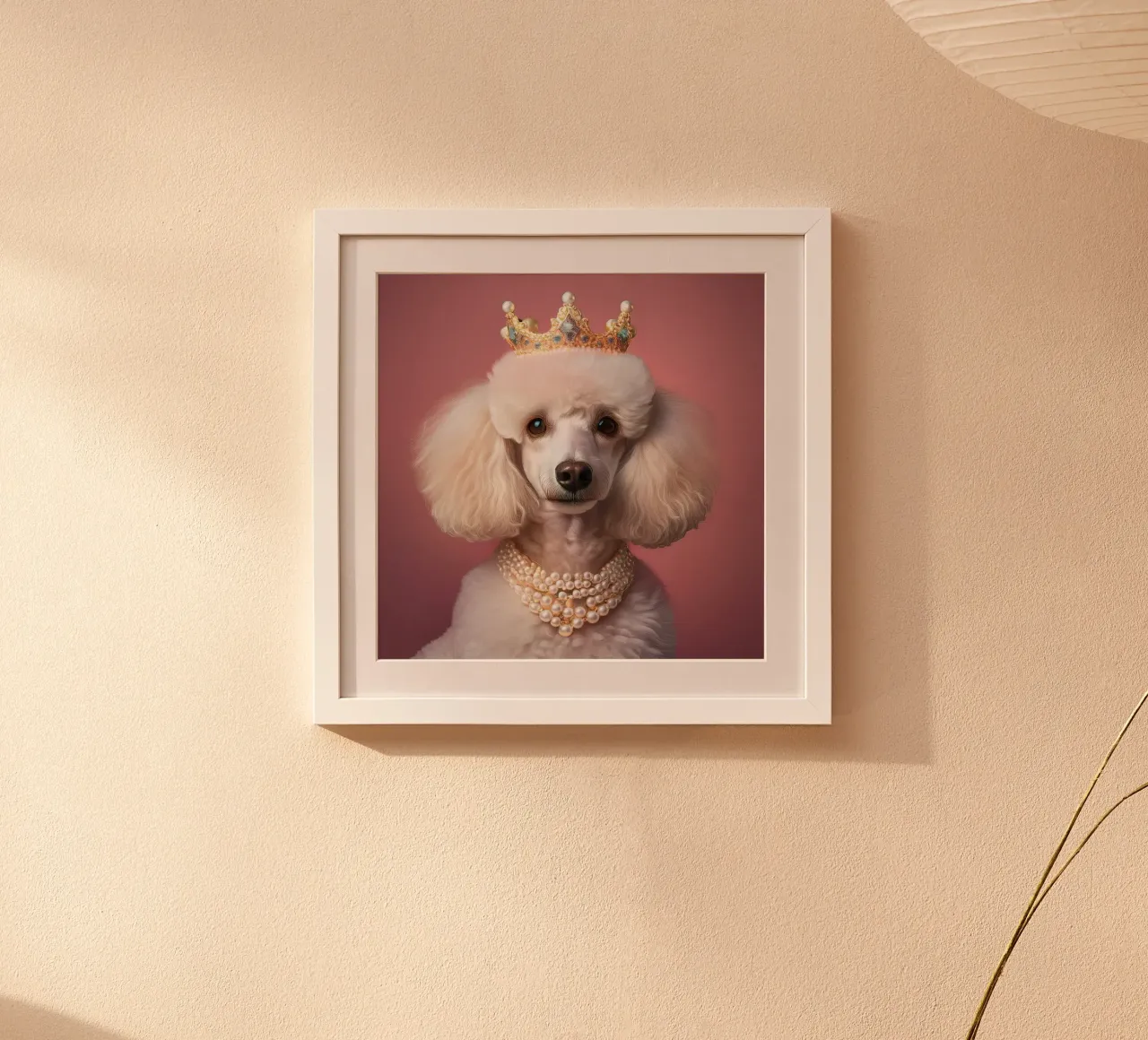 Elegante barboncino con corona e perle - Ritratto reale di cane poster con telaio in plastica da FlexiDesignsByK