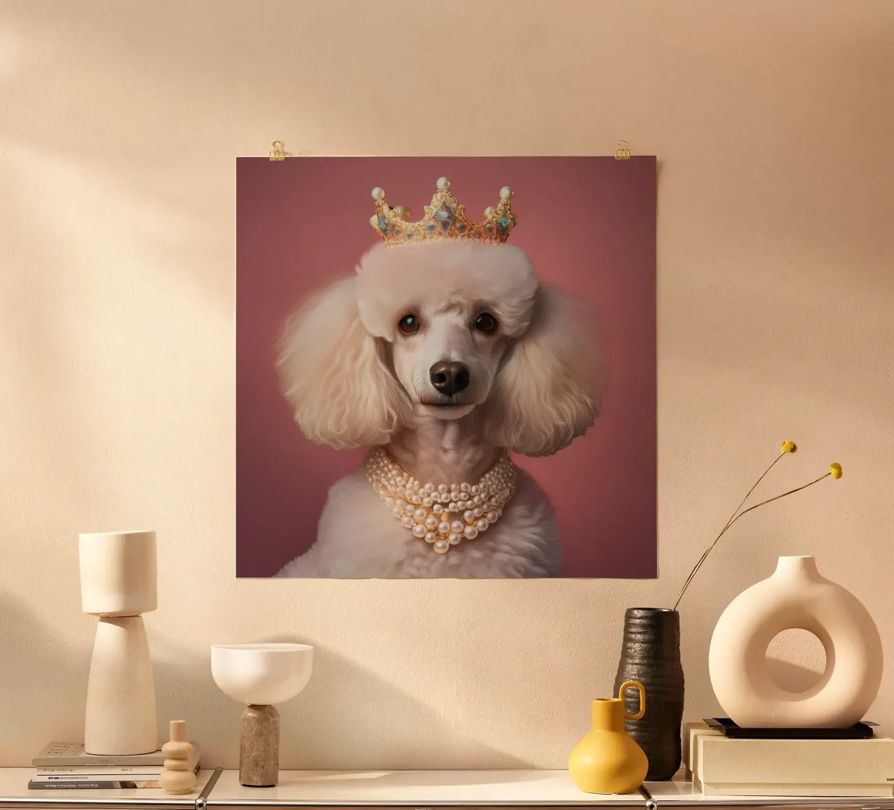 Elegante barboncino con corona e perle - Ritratto reale di cane poster con telaio in plastica da FlexiDesignsByK