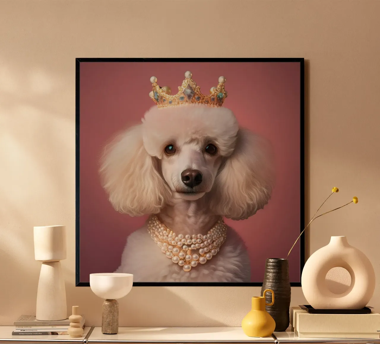 Elegante barboncino con corona e perle - Ritratto reale di cane poster con telaio in plastica da FlexiDesignsByK