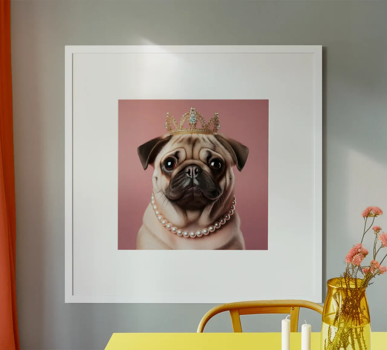 Bezaubernder Mops mit Krone und Perlen - Skurrile Hundekunst Poster mit Kunststoffrahmen von FlexiDesignsByK
