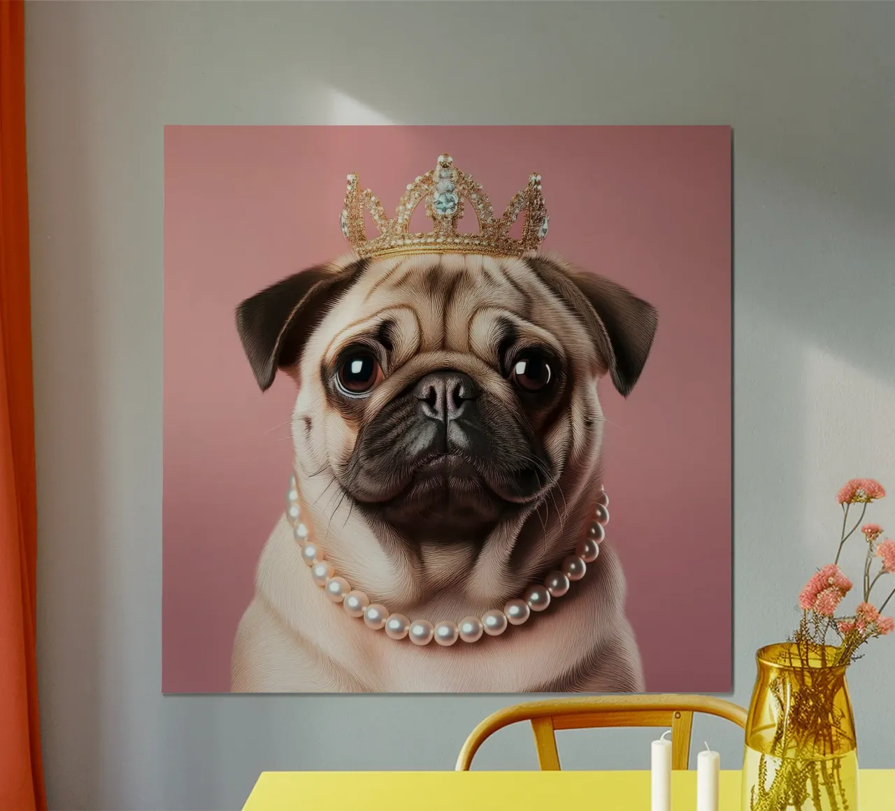 Bezaubernder Mops mit Krone und Perlen - Skurrile Hundekunst Poster mit Kunststoffrahmen von FlexiDesignsByK