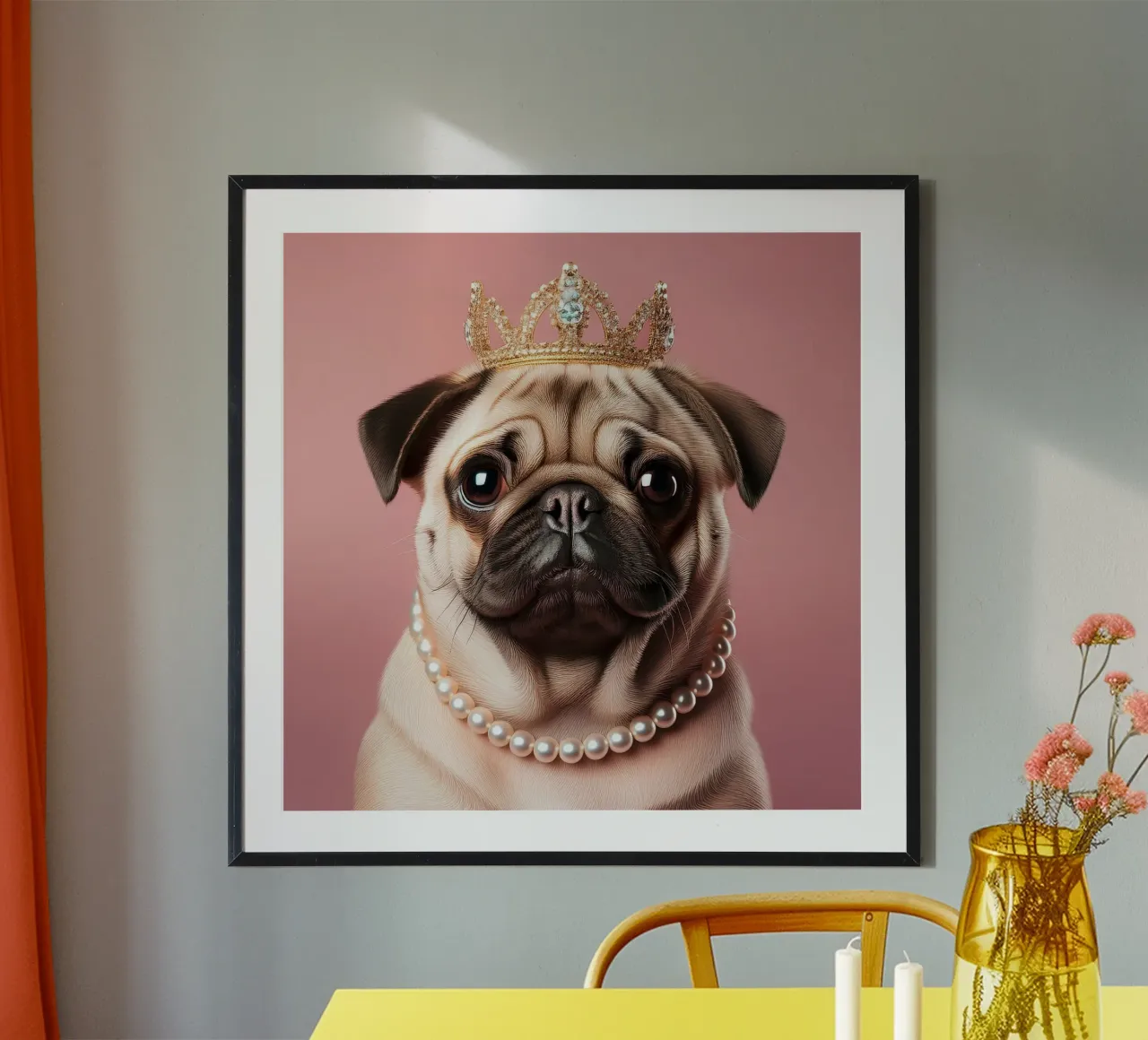 Bezaubernder Mops mit Krone und Perlen - Skurrile Hundekunst Poster mit Kunststoffrahmen von FlexiDesignsByK