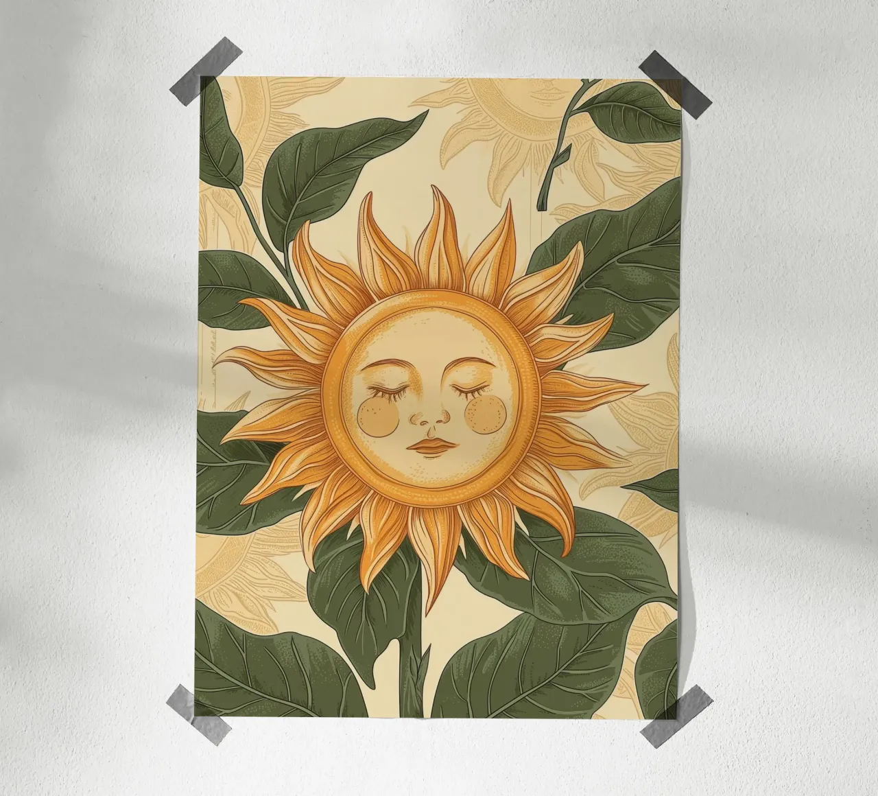 Girasole viso retrò floreale estate primavera fiori botanici poster con telaio in legno da Gentle Echoes Art