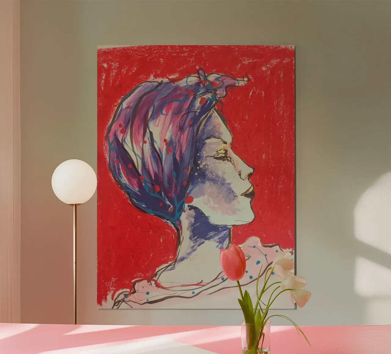 FEMME SUR FOND ROUGE poster con telaio in plastica da Bénédicte Berthod