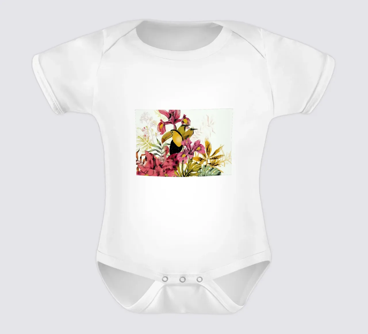 Tropical Garden Toucan short-sleeve baby romper by La Scarlatte