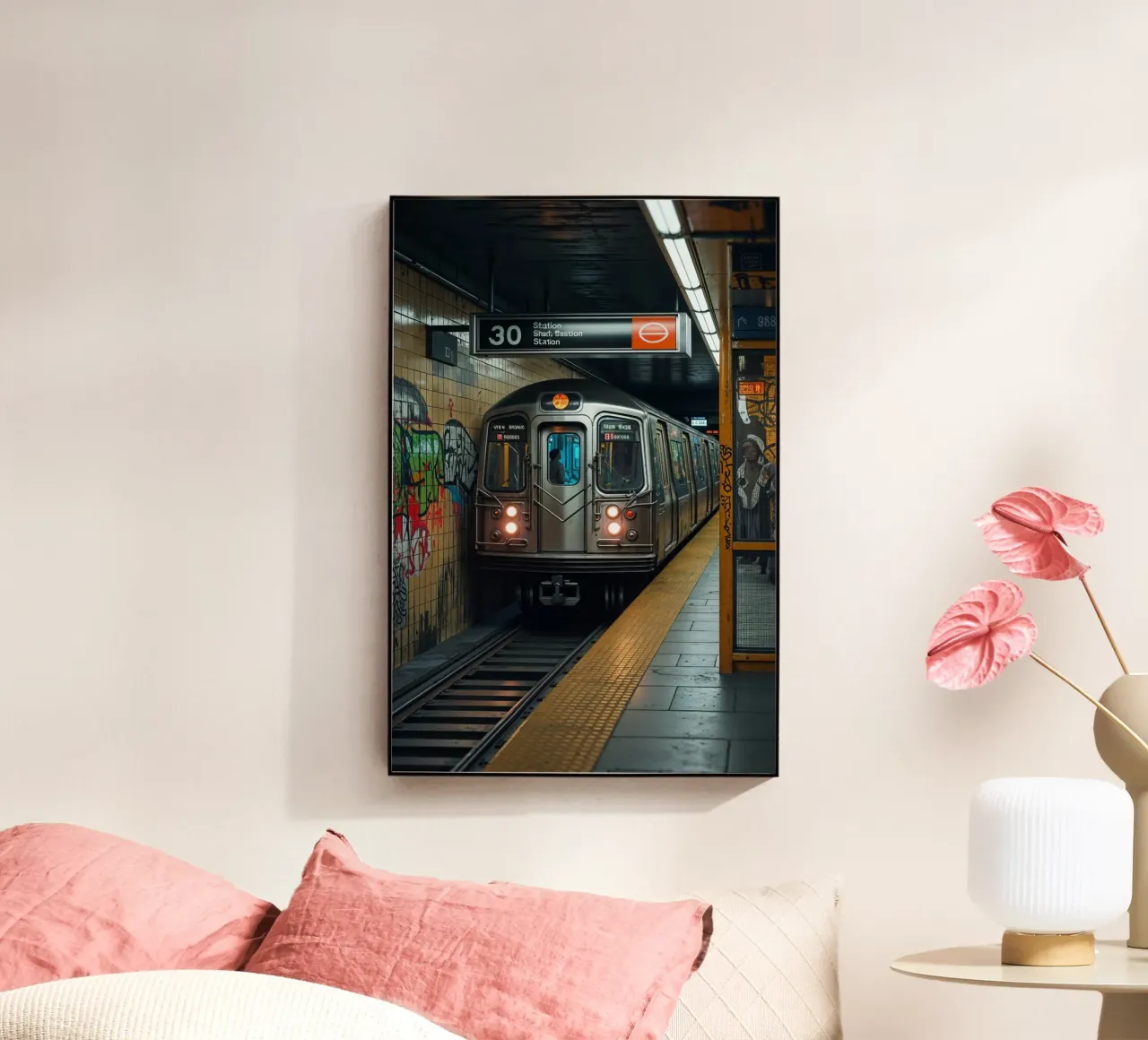 Gritty New York Subway Train at Station metacrilato de AlbertKlee
