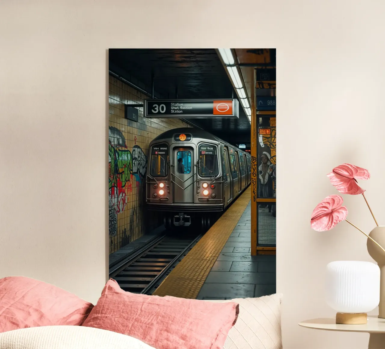 Gritty New York Subway Train at Station metacrilato de AlbertKlee