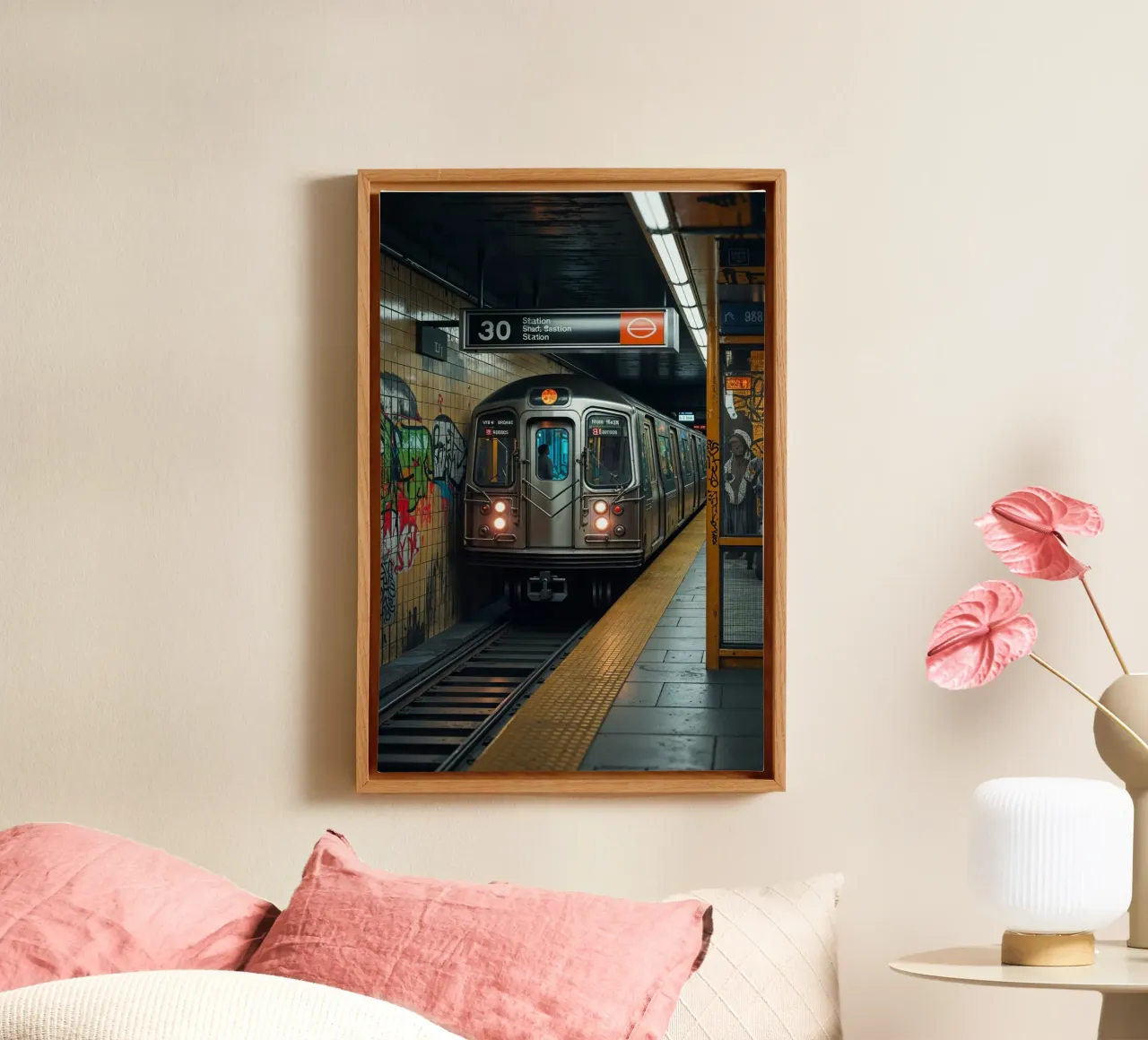 Gritty New York Subway Train at Station tela con Cornice a cassetta da AlbertKlee