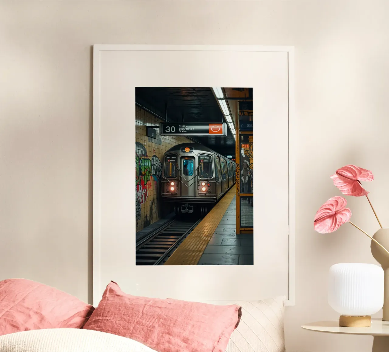 Gritty New York Subway Train at Station poster con telaio in legno da AlbertKlee