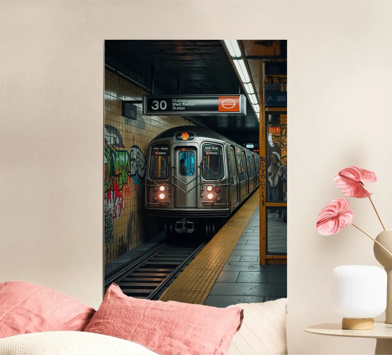 Gritty New York Subway Train at Station poster con telaio in legno da AlbertKlee