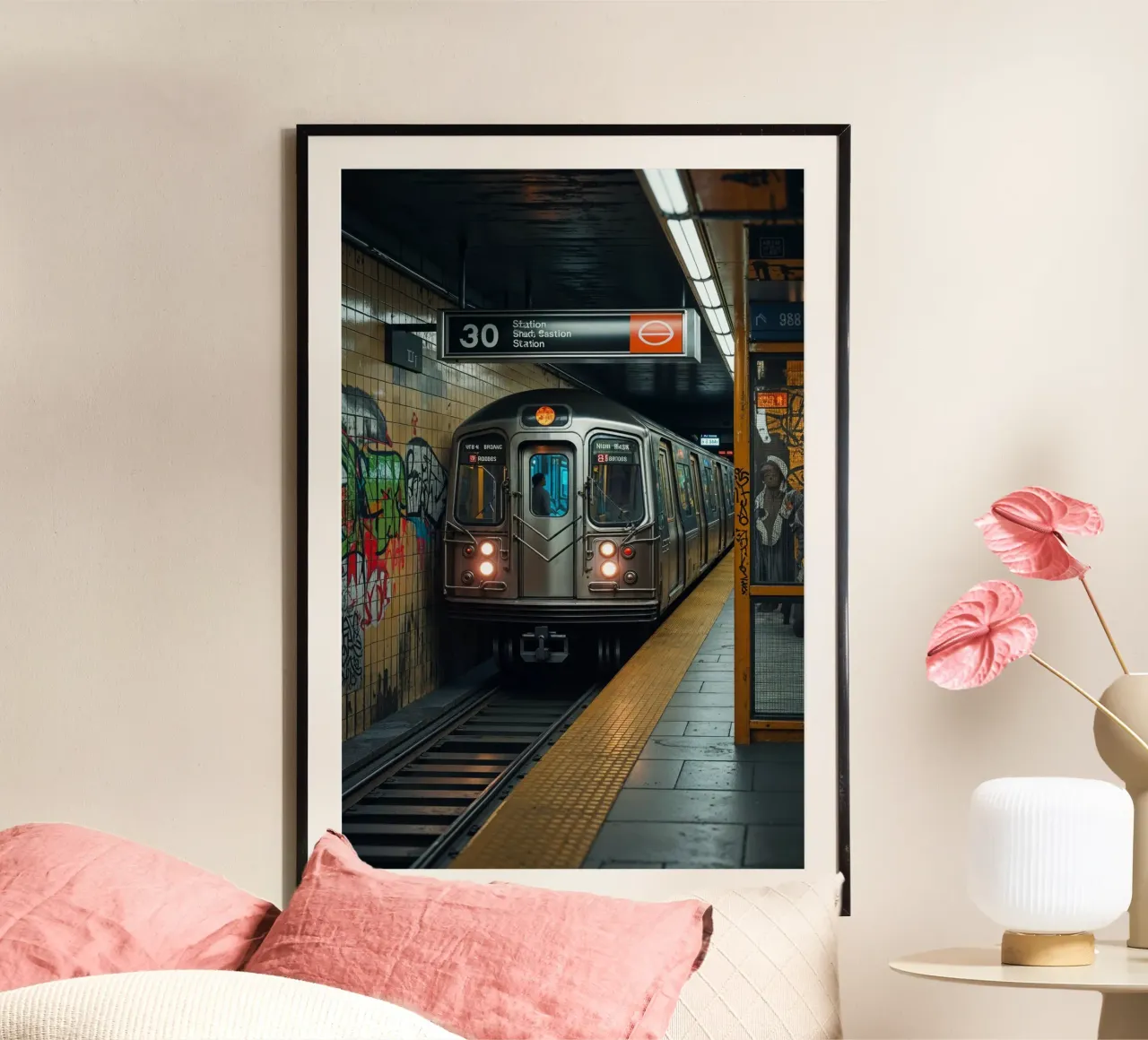 Gritty New York Subway Train at Station poster con telaio in legno da AlbertKlee