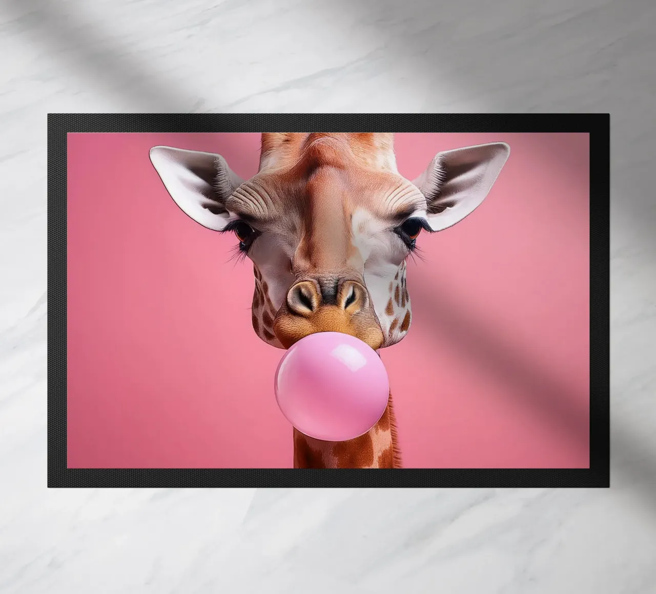Quirky Giraffe Blowing Pink Bubblegum – Fun Animal Art doormat by FlexiDesignsByK