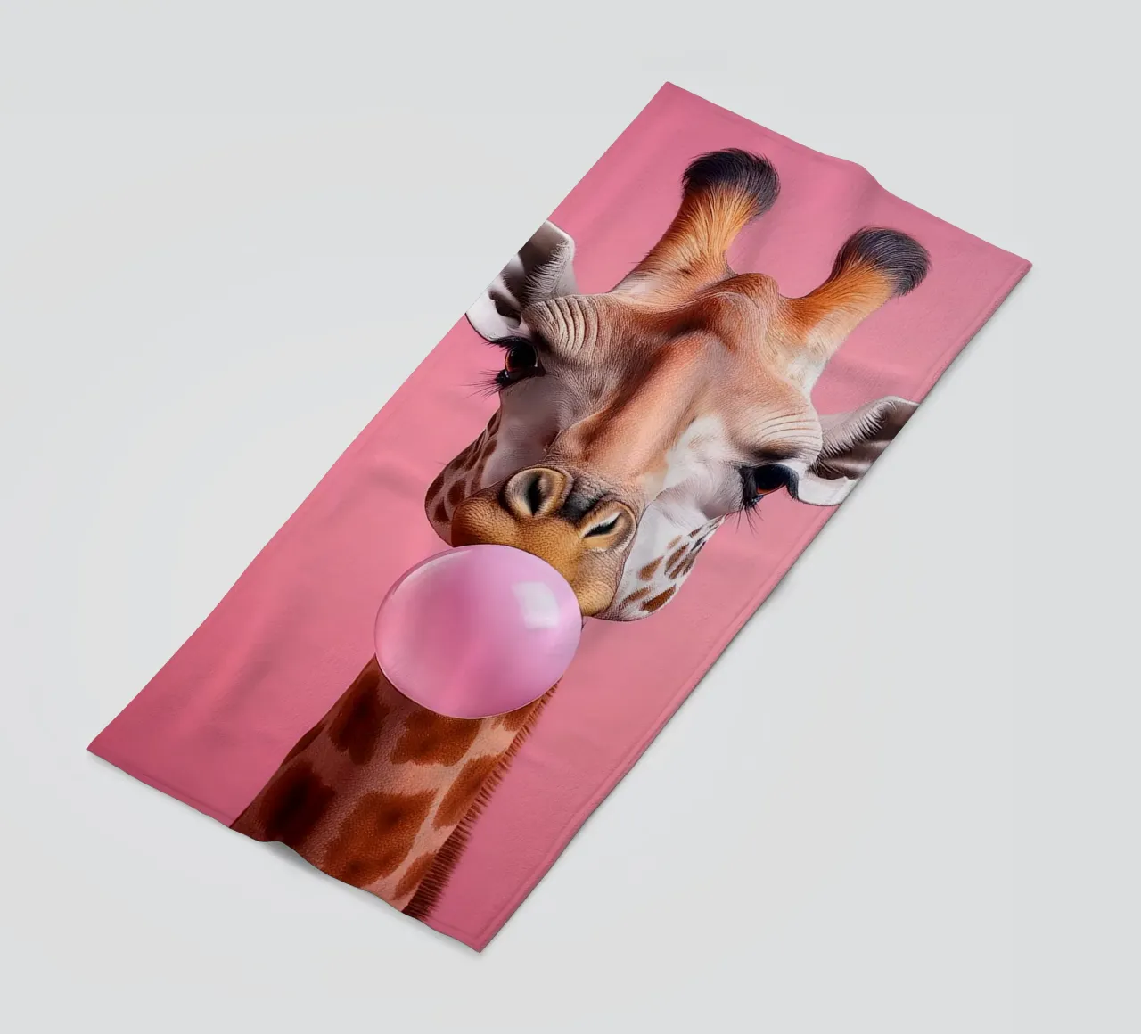 Quirky Giraffe Blowing Pink Bubblegum – Fun Animal Art beach towel by FlexiDesignsByK