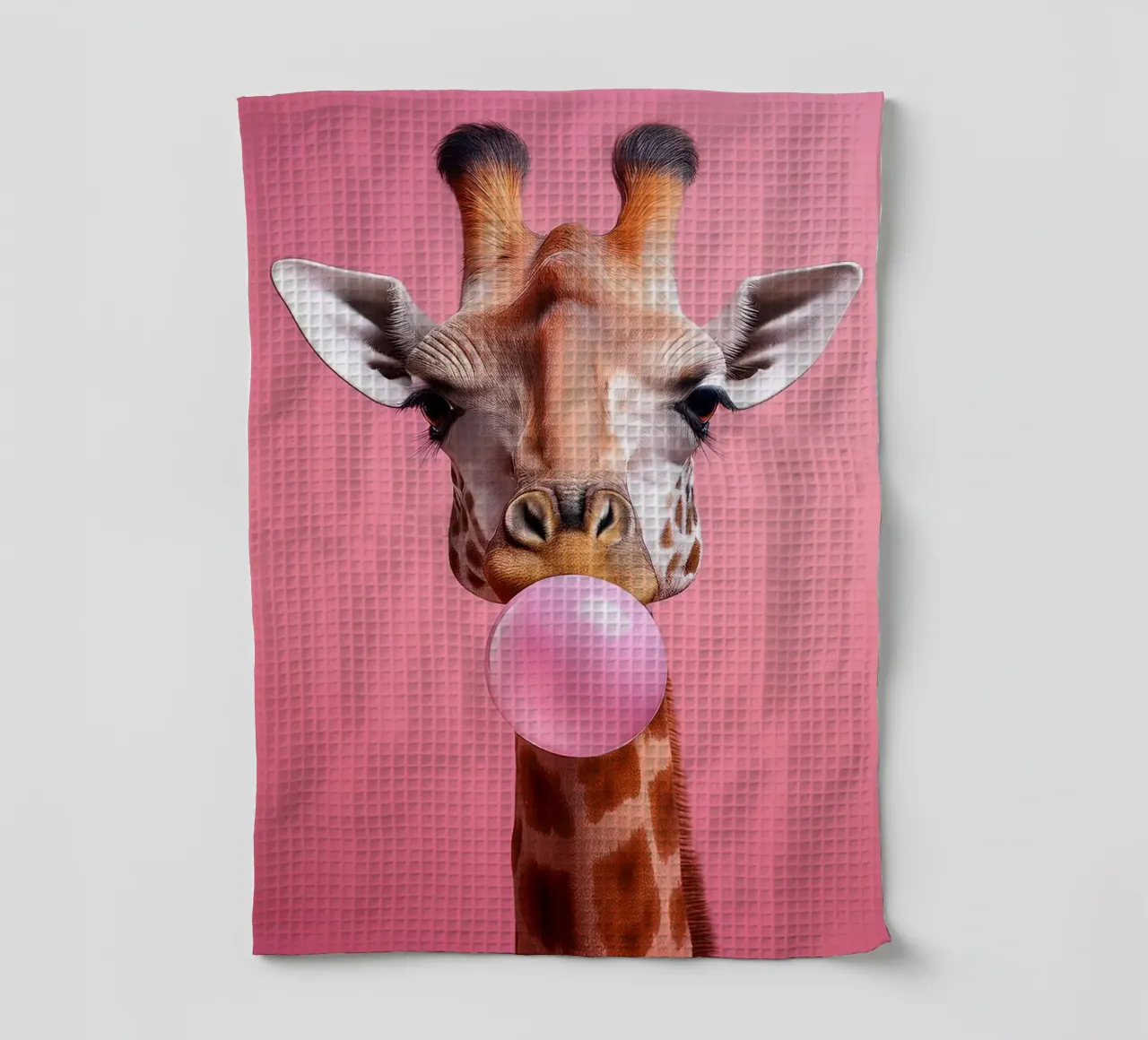 Giraffa eccentrica che soffia una gomma da masticare rosa - Arte animale divertente canovaccio da cucina da FlexiDesignsByK