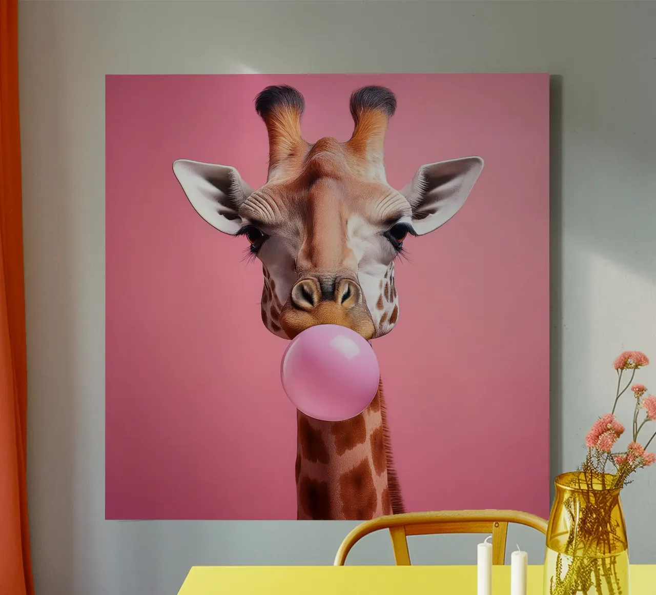 Jirafa graciosa soplando chicle rosa - Arte animal divertido lienzo con Marco flotante de FlexiDesignsByK