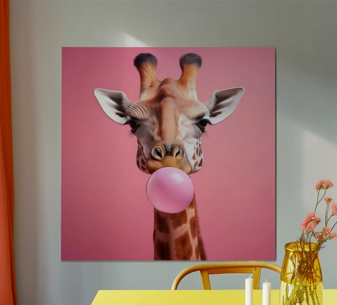 Giraffa eccentrica che soffia una gomma da masticare rosa - Arte animale divertente poster da FlexiDesignsByK