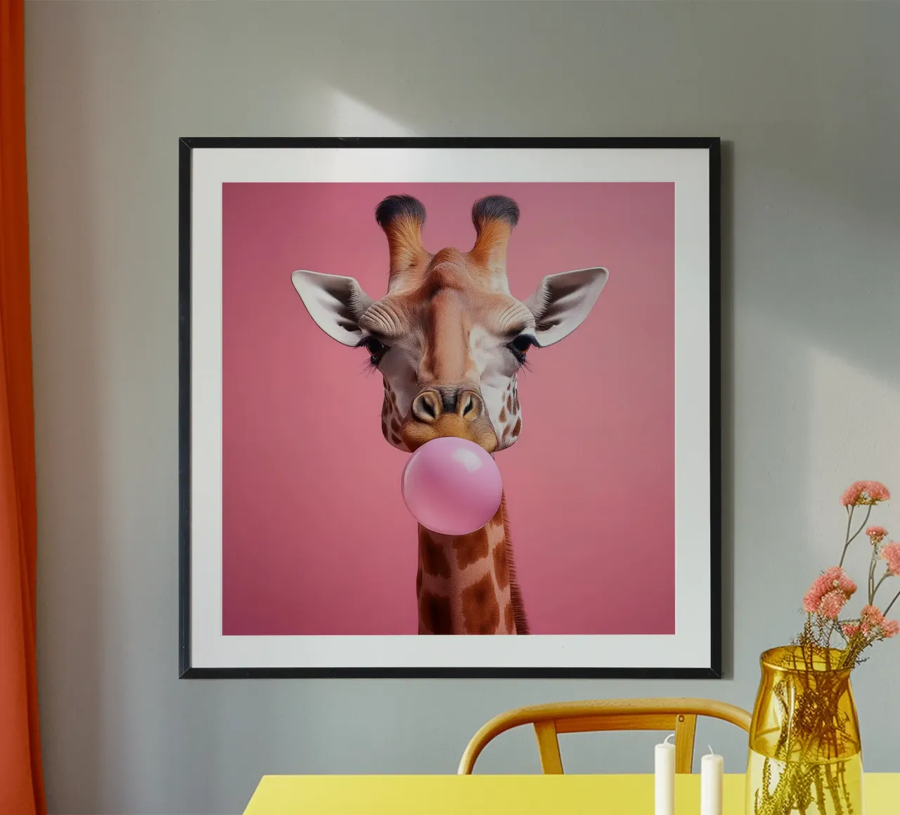 Giraffa eccentrica che soffia una gomma da masticare rosa - Arte animale divertente poster da FlexiDesignsByK
