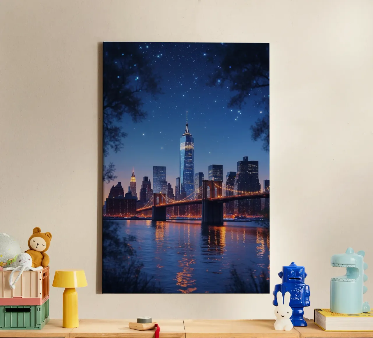 Starlit Skies Over Brooklyn Bridge and NYC tela con Cornice a cassetta da AlbertKlee