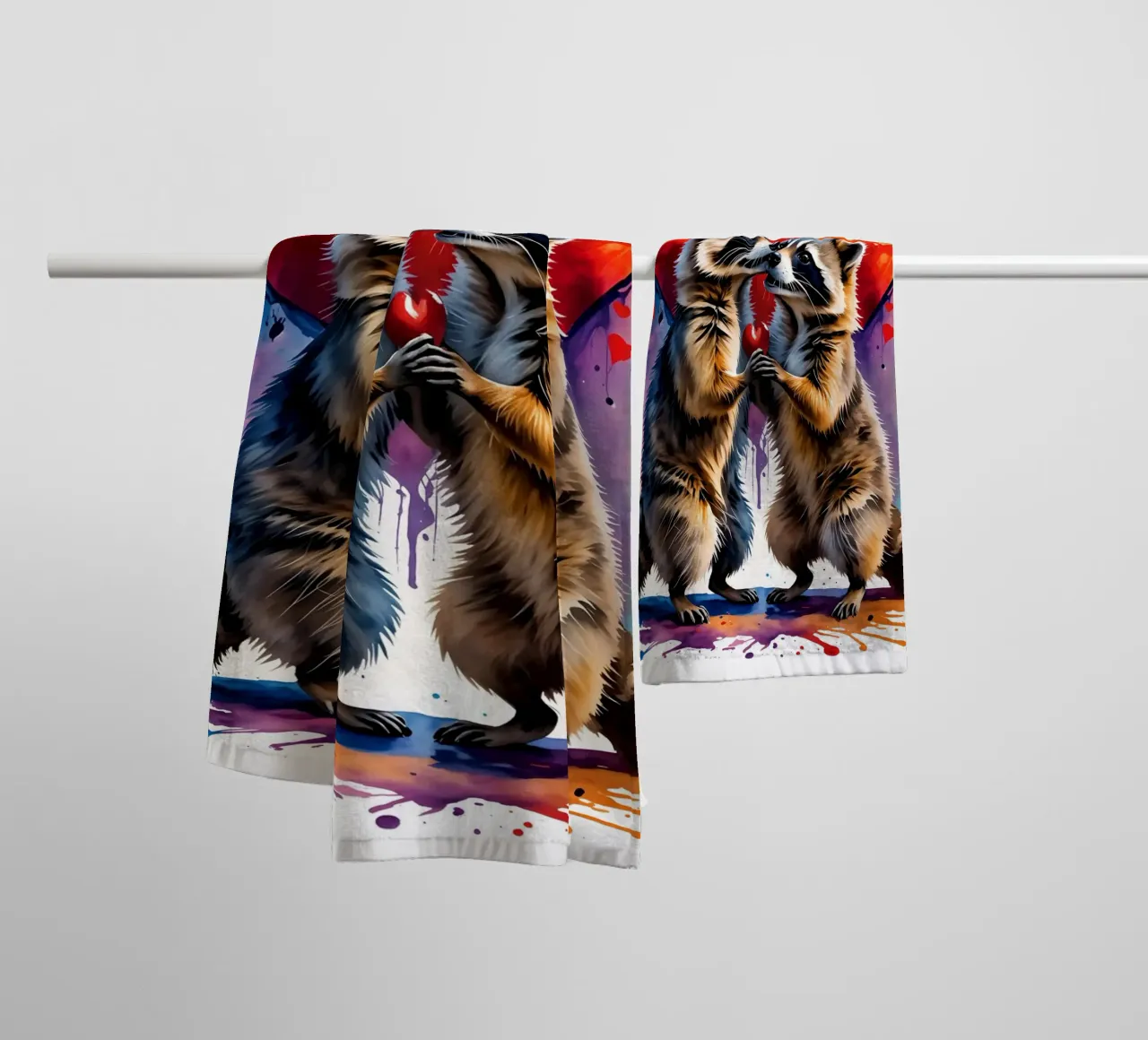Raccoons in love, Valentine's Day towel by Holidays
