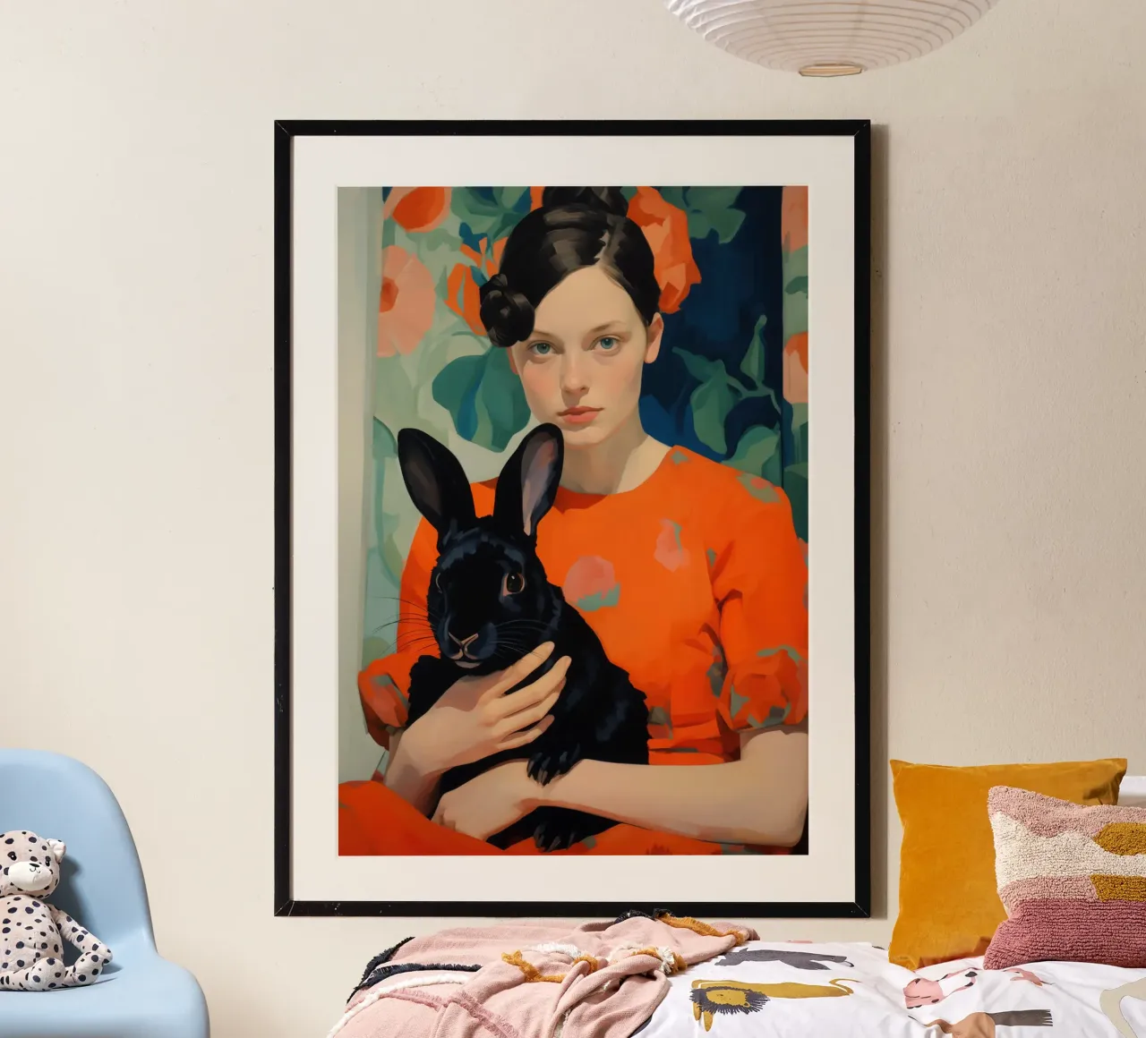Donna con coniglio nero - Ritratto classico poster con telaio in plastica da Autofocus