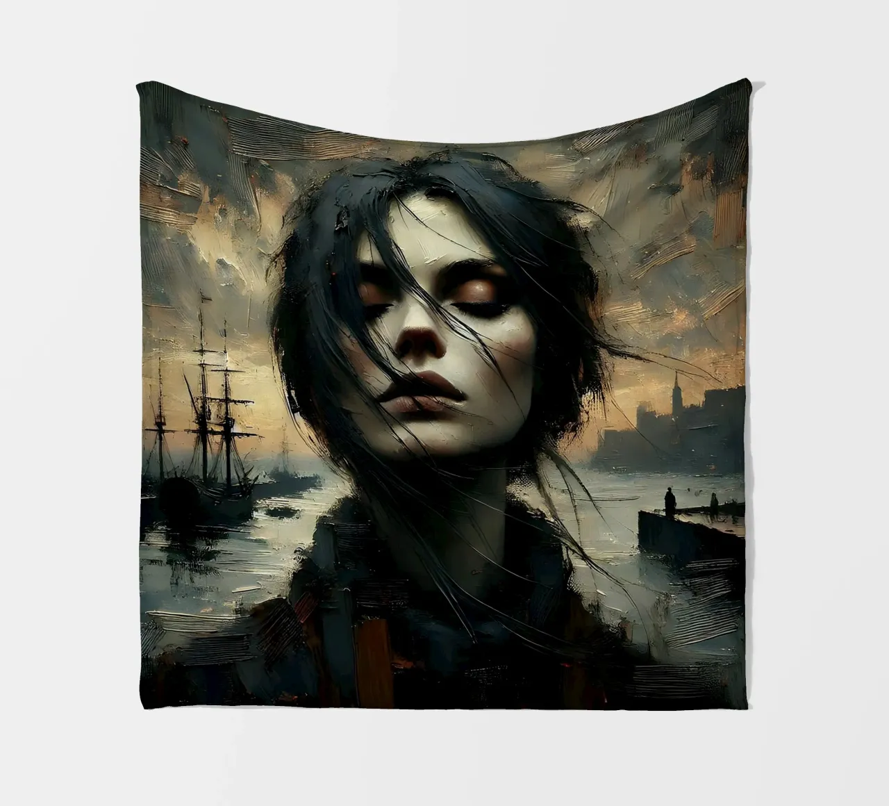 Woman in the harbour - Portrait painting in Impasto style fleece blanket by nomad
