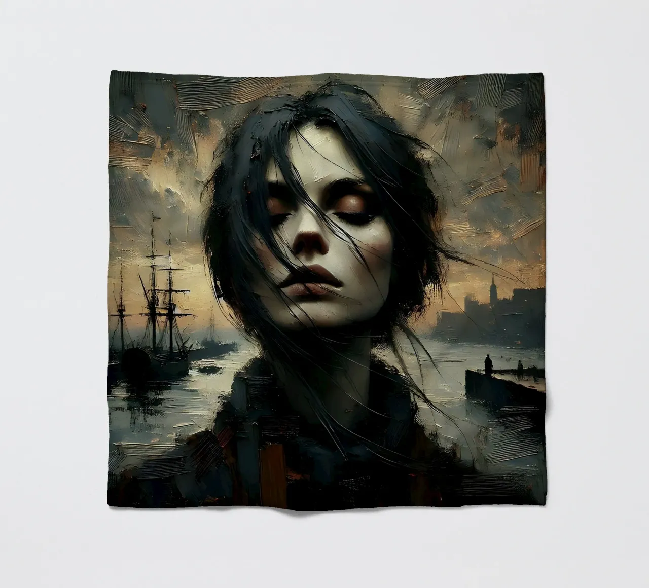 Woman in the harbour - Portrait painting in Impasto style fleece blanket by nomad